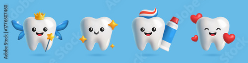 Set of happy 3D teeth. Cute dental characters with toothpaste, hearts and stars. Tooth mascots for logos. Dentistry and Oral Health. Realistic vector illustration collection