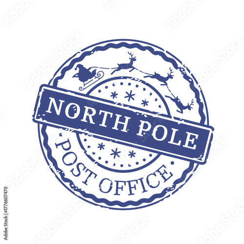 Blue round seal stamp North Pole post office effect texture. Santa Claus in a sleigh with reindeer. Isolated on a white background. New Year and Christmas design. Vector illustration.