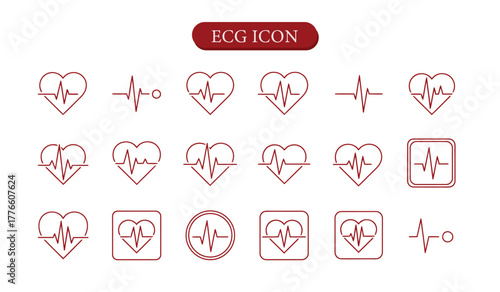 Set of red ecg and heart beat line icons