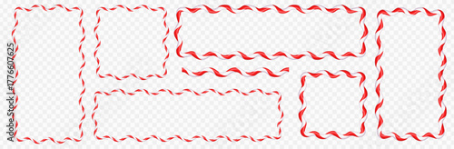 Wavy red and white candy cane frames in scallop and square shapes. Festive Christmas border set for New Year label, sweet template, holiday decoration and vector design on white background