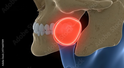 3d illustration of the temporomandibular joint with highlighted inflammation and surrounding bone structure