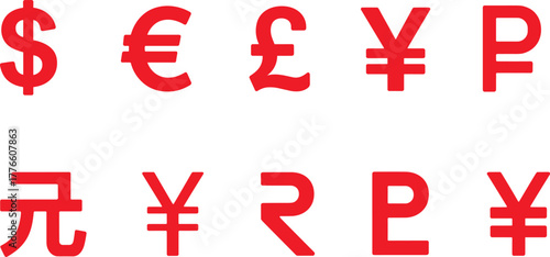 Collection of global currency symbols including dollar, euro, pound, yen, ruble, and yuan icons