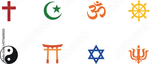 Collection of diverse religious symbols and icons representing various world faiths and spiritual beliefs.