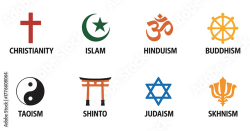 Collection of diverse world religion symbols and icons presented in a clean vector graphic format