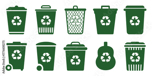 Collection of green recycling bins with recycle symbols for waste management and eco-friendly sorting