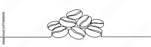 Continuous one line drawing of a small pile or cluster of coffee beans, representing abundance, fresh roast, and coffee culture.