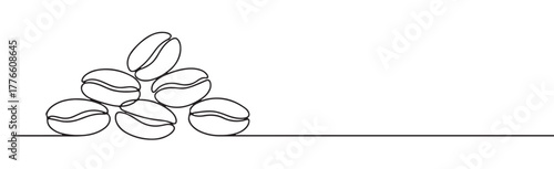 Continuous one line drawing of a small pile or cluster of coffee beans, representing abundance, fresh roast, and coffee culture.
