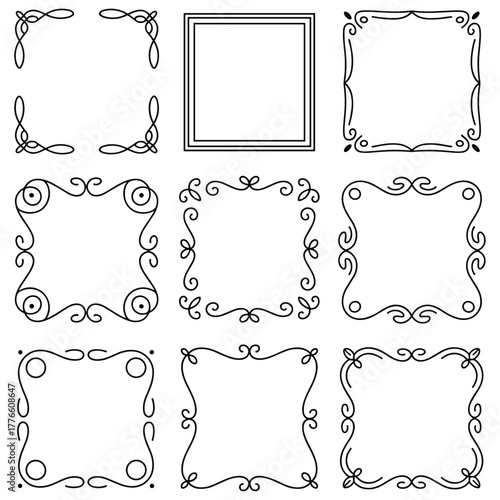 Set of nine elegant decorative vector frames and borders in ornate scrollwork and classic styles