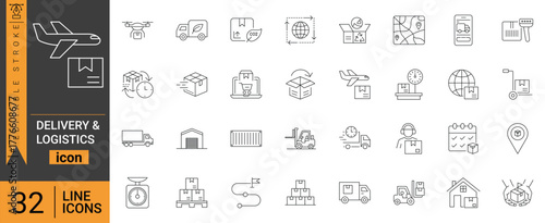 Delivery and Logistics line icon set, 32 outline vector symbols for shipping, transportation, cargo, warehouse, courier service, global trade and supply chain management
