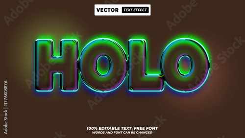 Holo fluid chrome colorful futuristic neon glow style 3d editable vector text effect. Bold, neon-colored gloss typography design for future innovation network branding. 
