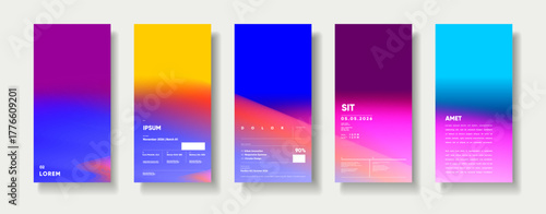 A set of five modern, colorful gradient posters with abstract designs and text elements. Each design incorporates minimalist typography and geometric elements