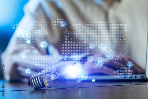 Innovative digital workspace with virtual concepts and light bulb symbolizing creativity and technology advancements