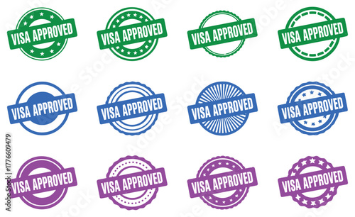 Collection of visa approved stamps in green, blue, and purple colors, vector icons