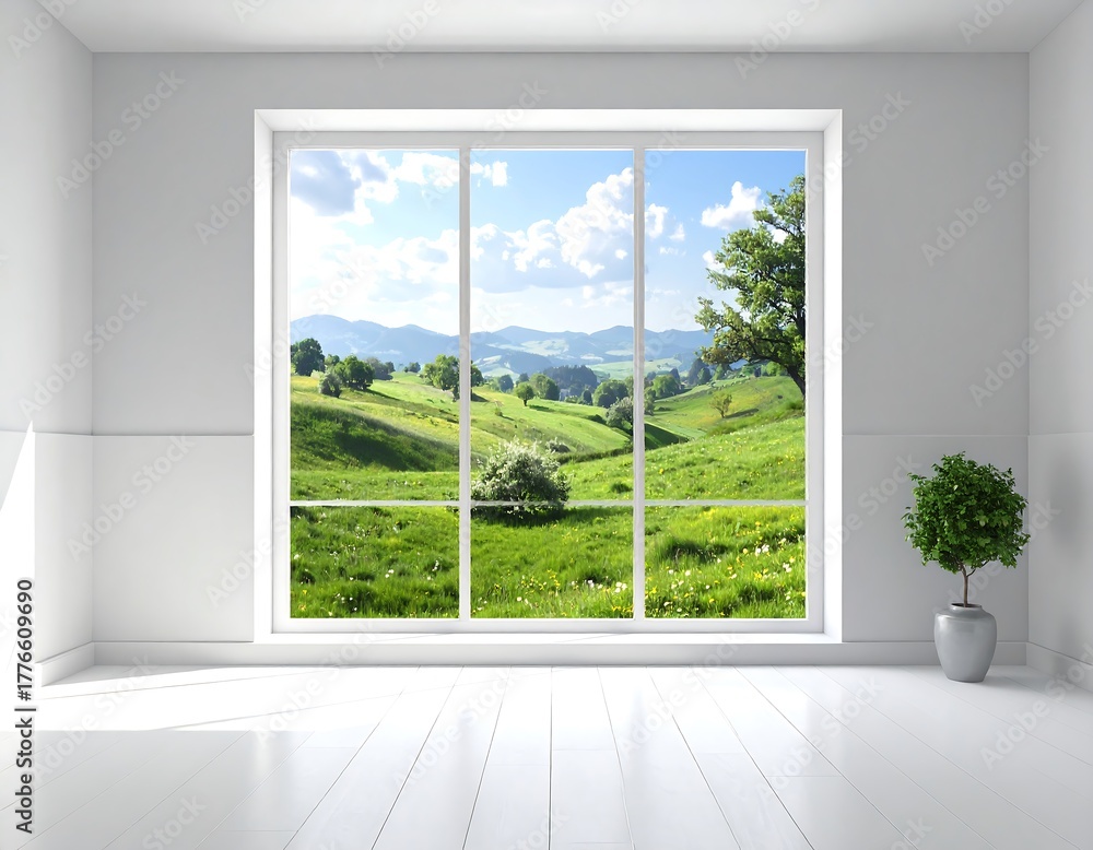 Fototapeta premium A bright interior scene with a large window showcasing a vibrant green landscape of rolling hills, trees, and a blue sky