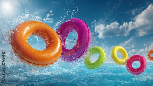 Colorful pool floats splashing in vibrant blue water under bright sunshine with clouds in the background creating a fun summer atmosphere