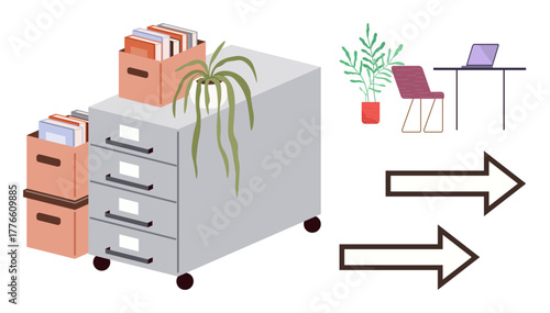 Filing cabinet with documents and hanging plant, minimalist desk with laptop and plant, directional arrows. Ideal for organization, productivity, minimalism, workspace, decor, office planning