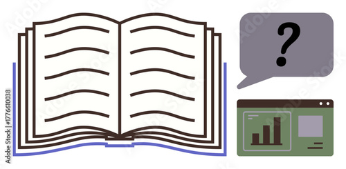 Open book with blank pages, browser window showing bar chart, and question mark in speech bubble. Ideal for education, research, data analysis, problem-solving, literacy, curiosity e-learning
