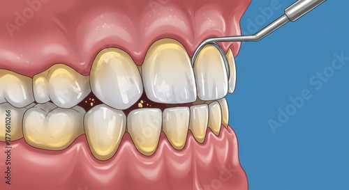 Dental scaling procedure illustrating tartar removal from teeth and gums