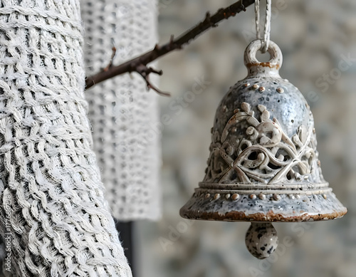 Ceramic decorative bell with intricate patterns hanging from a branch in a cozy indoor setting