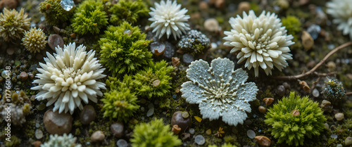 Moss and lichen varieties growing on the forest floor in a macro perspective