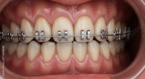 Close up of a person s teeth with metal braces being straightened for a perfect smile