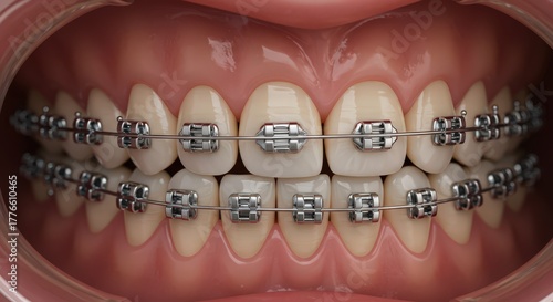 Close up of a person s teeth with metal braces and wires showing dental alignment progress