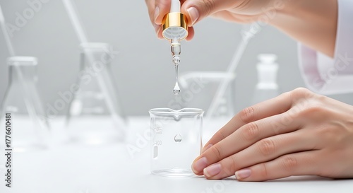 Scientist Hand Using Dropper in Laboratory with Glass Beaker and Test Tubes