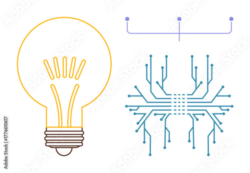 Light bulb symbolizing creativity, joined with a circuit board suggesting technology integration. Ideal for innovation, brainstorming, research, creativity, technology, idea sharing, digital