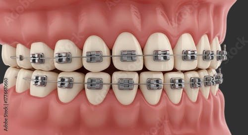 Close up of human teeth with metal braces on both upper and lower dental arches