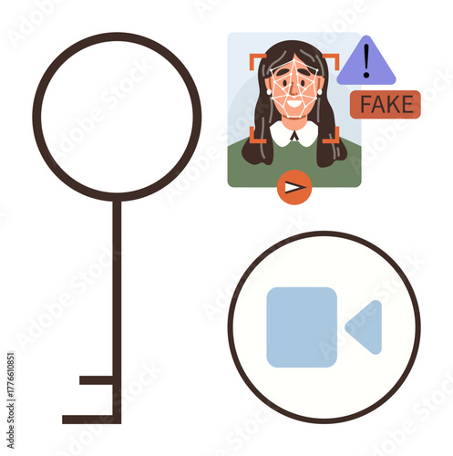 Key, face detection grid, video icon, fake alert highlight cybersecurity, deepfake prevention. Ideal for authentication, identity, security, AI ethics media trustworthiness fraud alert simple flat