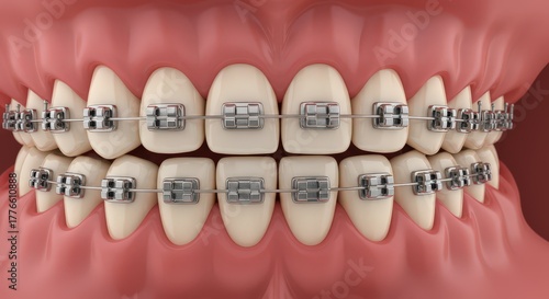 Close up view of a human mouth showing upper and lower teeth with metal braces attached for orthodontic treatment