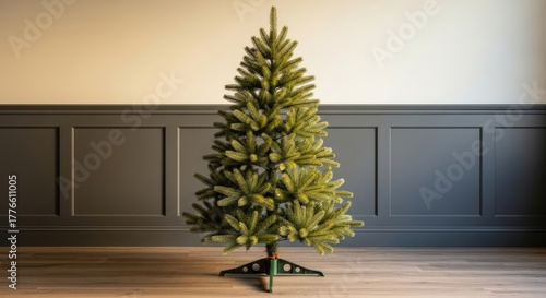Full Unlit Artificial Pine Christmas Tree with Stand Indoors Against Wall