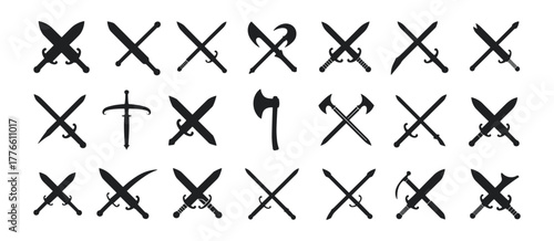 Collection of vintage medieval swords and axes vector silhouettes for historical game design