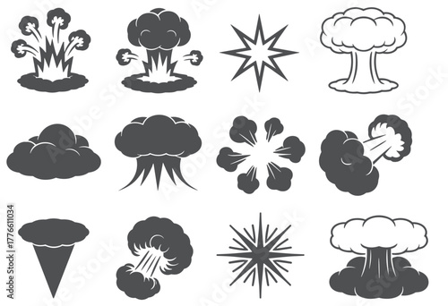 Collection of stylized explosion and blast icons, depicting explosive events with visual impact
