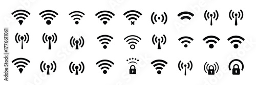 Collection of wi-fi signal strength, connectivity, and security icons in black silhouette