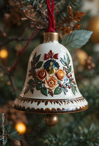 Hand-painted ceramic bell ornament with floral design hanging on a Christmas tree