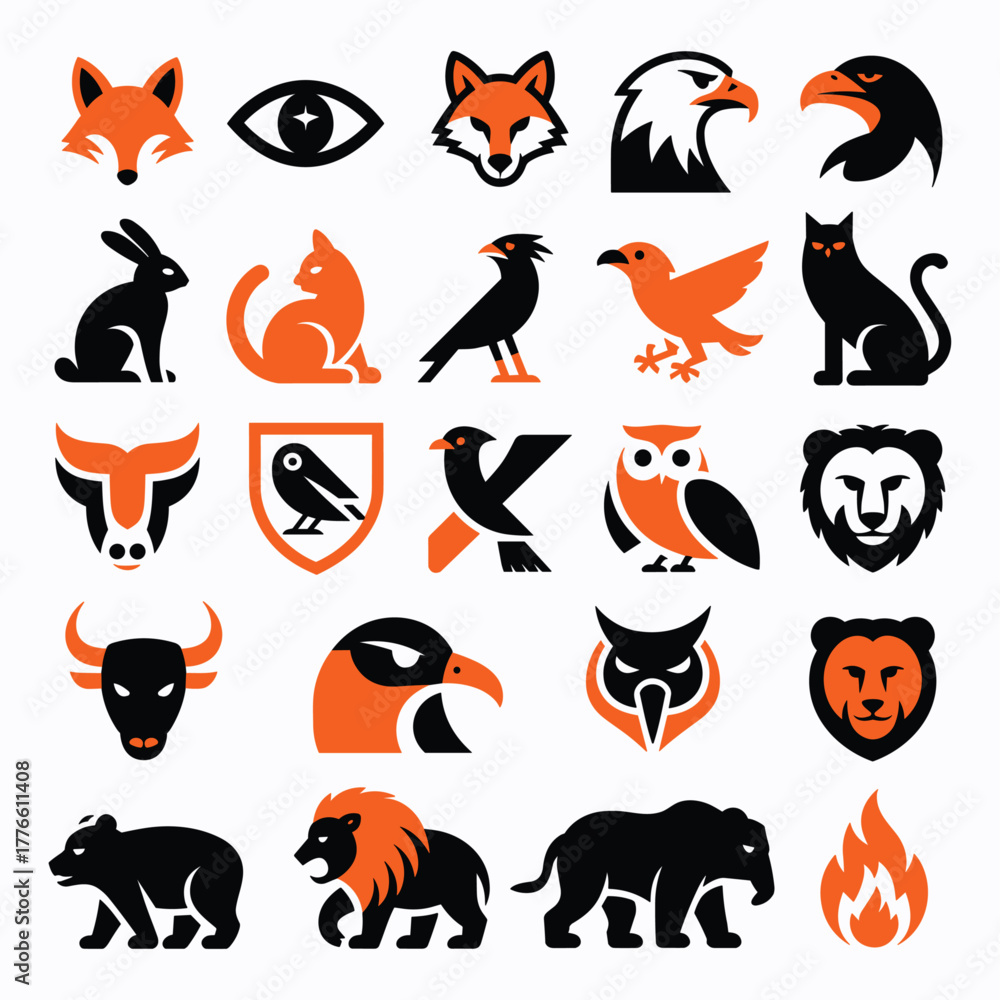 Fototapeta premium Collection of stylized animal vector icons and symbols in orange and black