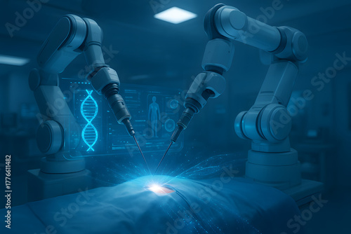 Futuristic Surgical Precision: Robotic arms perform intricate surgery, a beacon of modern healthcare innovation. The glowing surgical scene captures the forefront of medical technology.