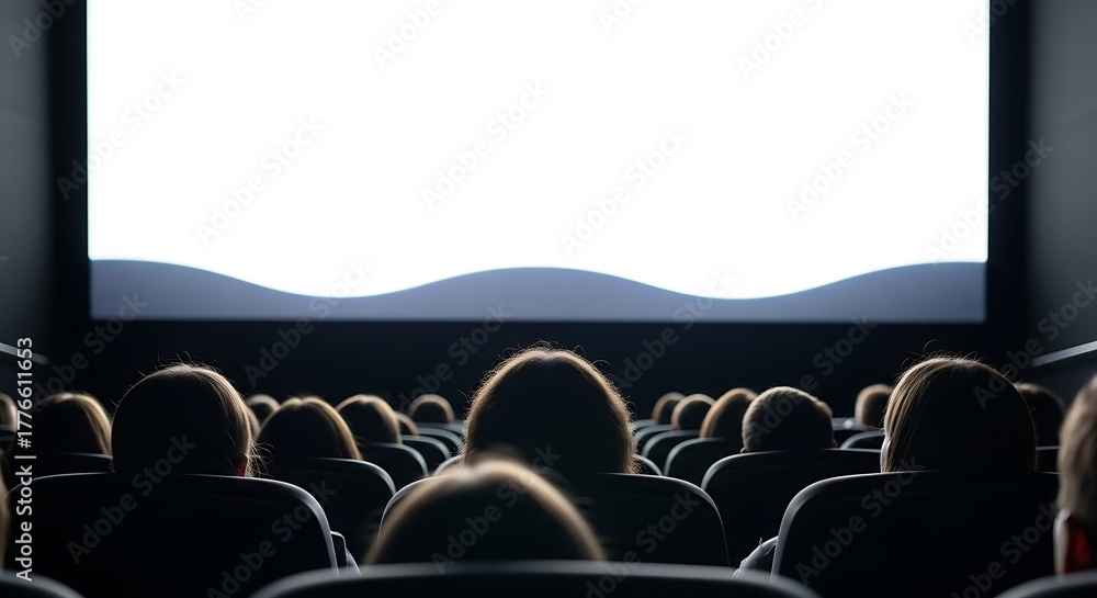 Obraz premium Audience Watching Movie in Dark Theater with Large Screen and Silhouettes