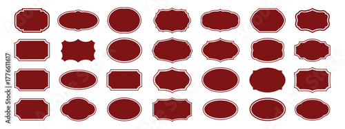 Collection of ornate decorative vintage frame and badge labels in deep red