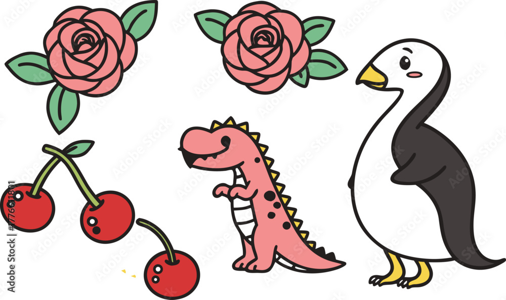 Obraz premium Playful cartoon elements for creative designs, pink rose blossoms, cute penguin, pink dinosaur and cherries create a whimsical mood, perfect for spring projects
