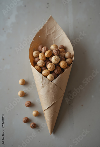 Paper cone filled with decorative wooden balls on a neutral background with copy space