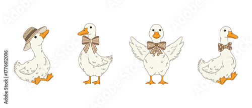 Cute cartoon geese set with various poses and accessories like hats and bows, isolated on a white background. Vector