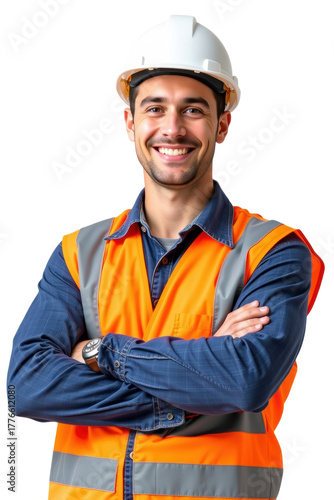 Smiling Construction Worker in Hard Hat Promoting Safety at Construction Site Bright Environment Positive Viewpoint