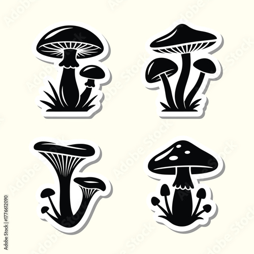 Four Mushroom Silhouette Sticker Set with Varied Designs and Styles For Decorative Purposes