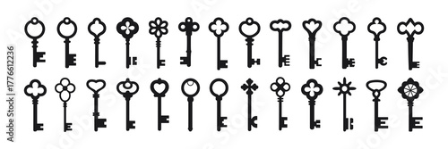 Collection of antique skeleton keys in a vector silhouette, diverse vintage styles and designs