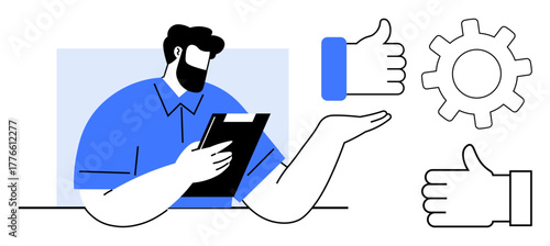 Man holding clipboard weighing choices with thumbs-up gestures and gear imagery. Ideal for strategy, feedback, productivity, planning, teamwork, decision-making, simple landing page