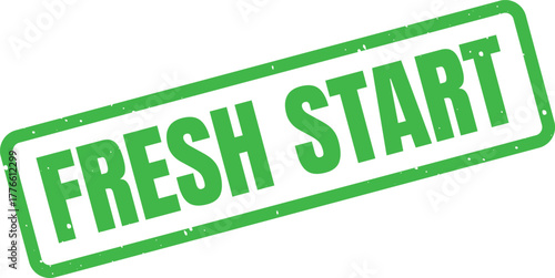 A distinct green rectangular stamp with a grunge texture boldly announces the encouraging phrase FRESH START