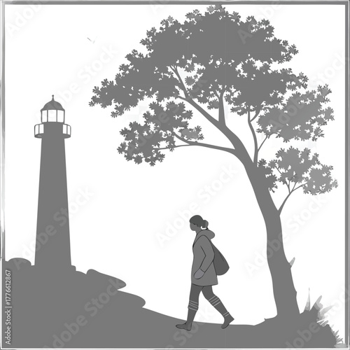 A lone traveler walking under a tree near a lighthouse — a calm minimalist scene symbolizing solitude, direction, and peaceful coastal exploration.