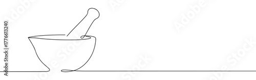 Continuous one line drawing of a mortar and pestle, symbolizing traditional medicine, pharmacy, cooking, and grinding ingredients.	